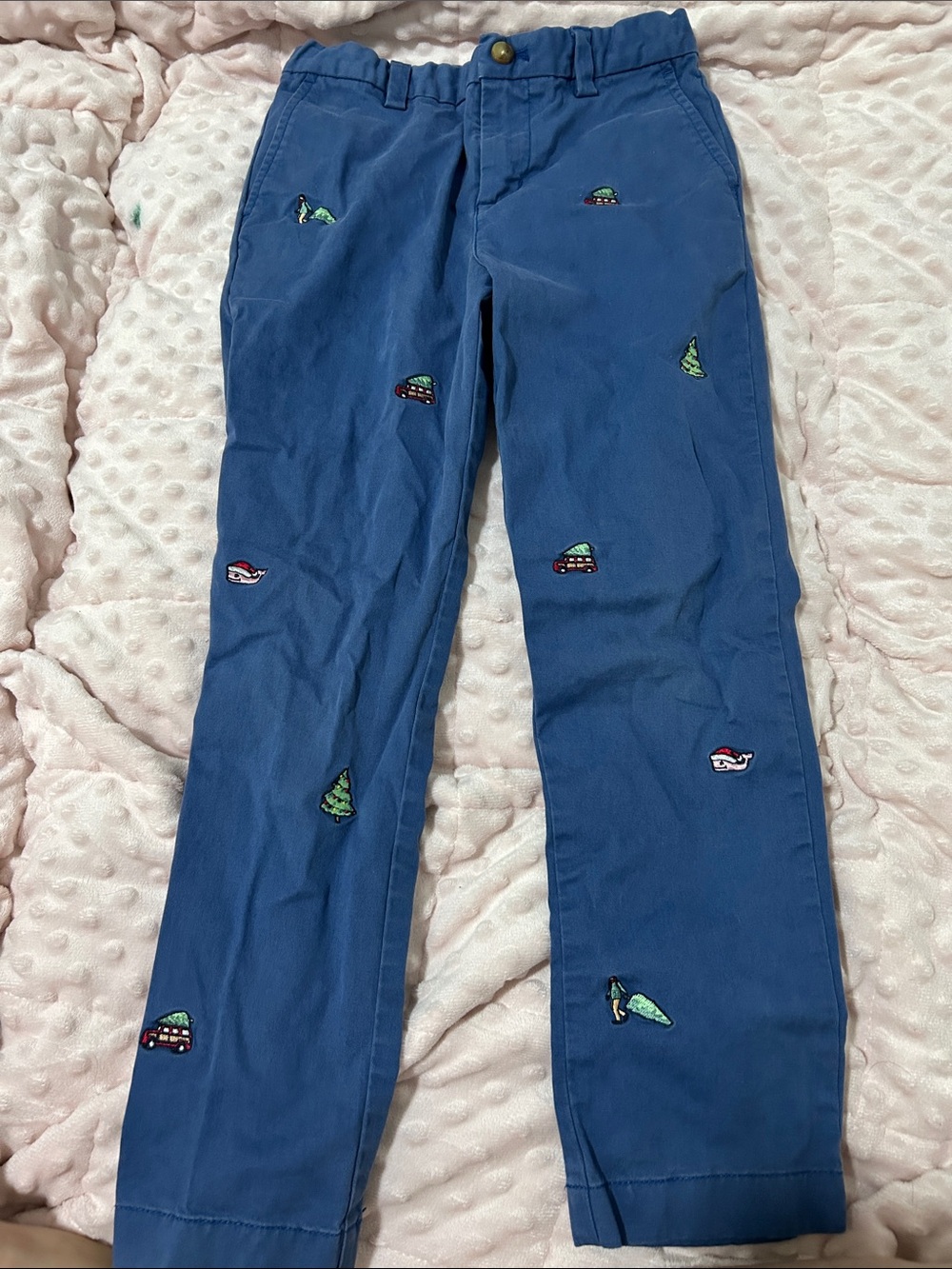 Vineyard Vines Embroidered Blue Kids Pants with Holiday Motifs Size 7